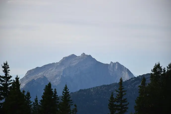 a view of a mountain with trees in the foreground